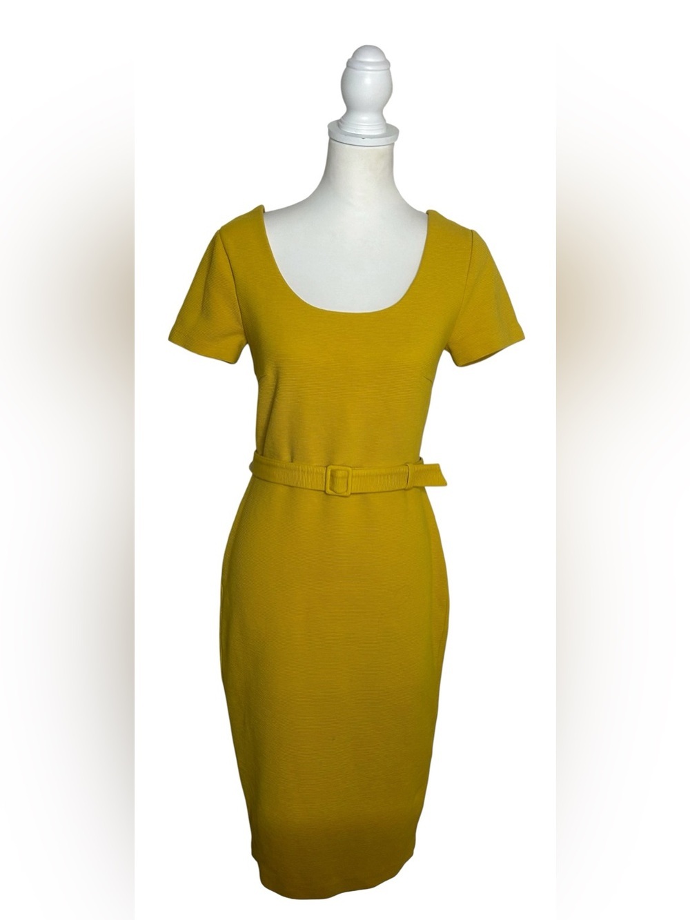 Boden Tilly Ottoman EUC Mustard Scoop-Neck Belted Sheath Dress Sz 6R Bodycon